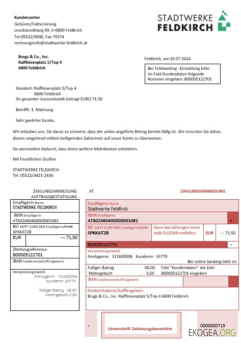 Modèle de facture de services publics d'entreprise Autriche Stadtwerke Feldkirch au format Word et PDF